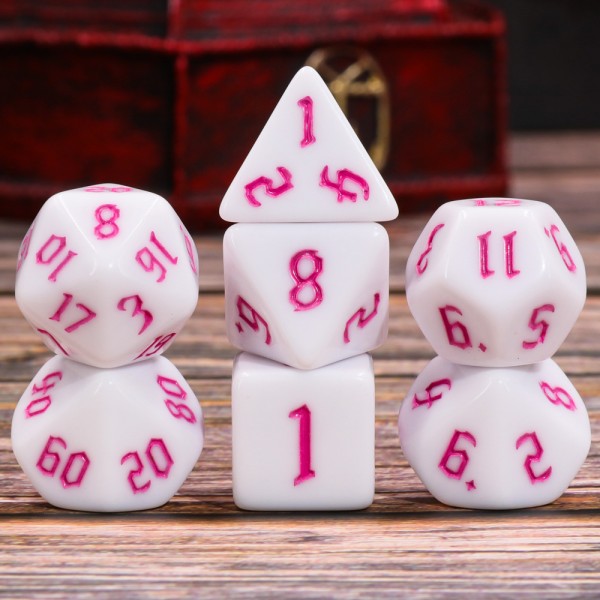 Opaque White 7pc Dice Set inked in Pink